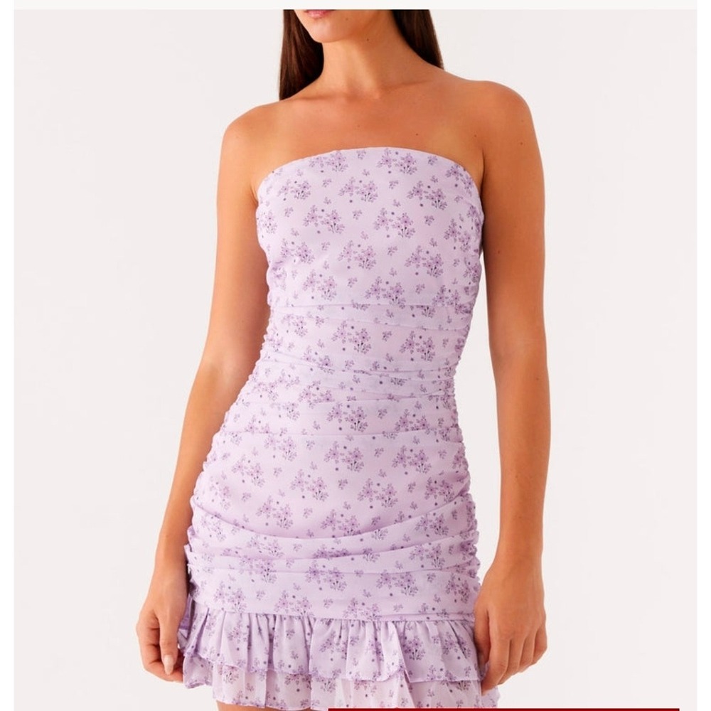 Peppermayo Ember Mini Dress Lavender Meadow Floral Ruched Strapless Size 4